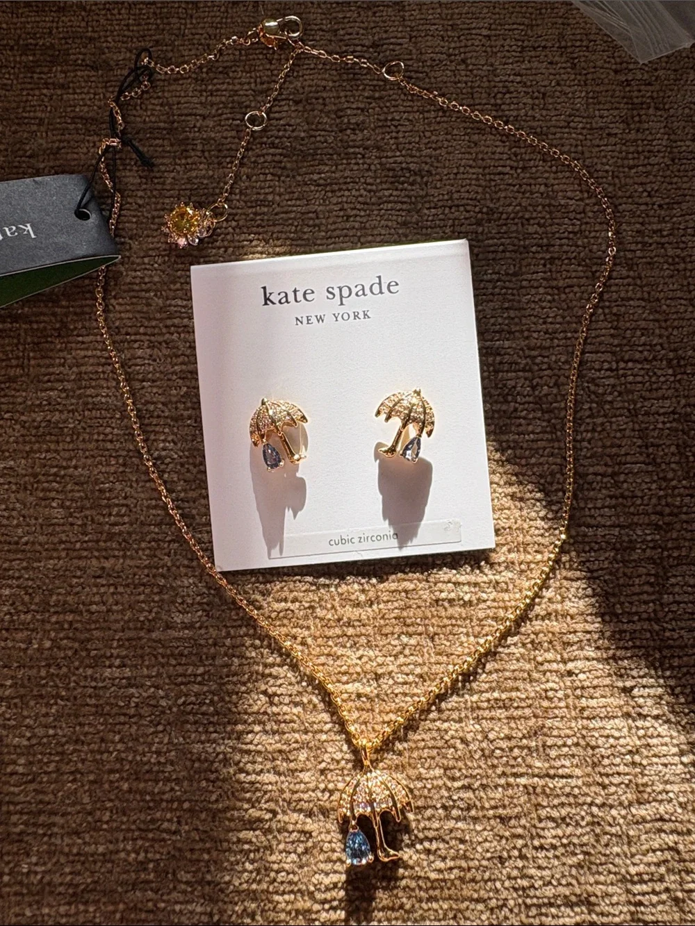 kate spade Gold Umbrella Necklace and Earring Set with Purple Drops